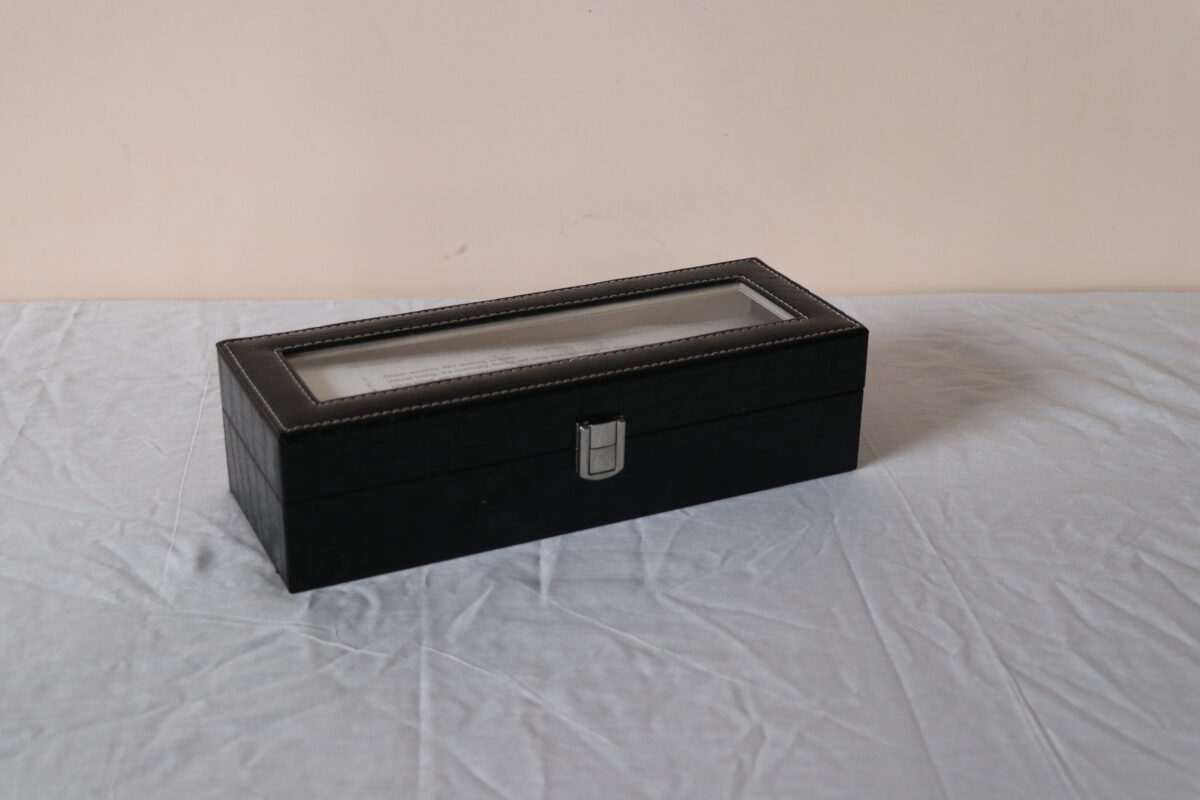 Leather Watch Storage Box with Finish and Glass Window Metal Lock 6 Slot- Piece Watch Box (Black) - Image 2