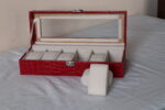 Leather Watch Storage Box With Finish And Glass Window Metal Lock 6 Slot- Piece Watch Box (Red) - Image 6