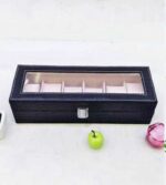 Leather Watch Storage Box with Finish and Glass Window Metal Lock 6 Slot- Piece Watch Box (Black)