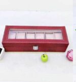 Leather Watch Storage Box With Finish And Glass Window Metal Lock 6 Slot- Piece Watch Box (Red)