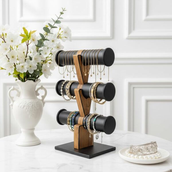 3 Roll Black Wooden Bangle Display Stand (Black)