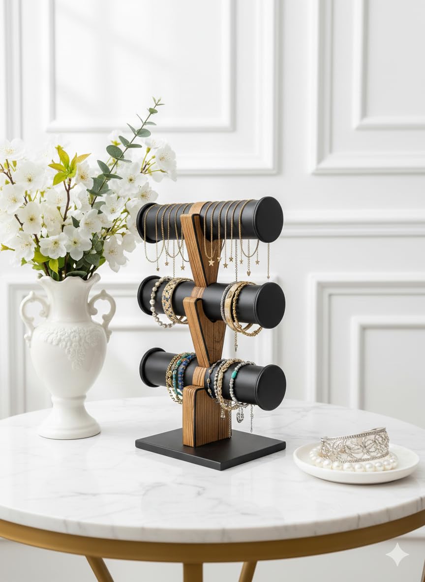 6157v4mbU1L._SL1184_ 3 Roll Black Wooden Bangle Display Stand (Black) - Image 1