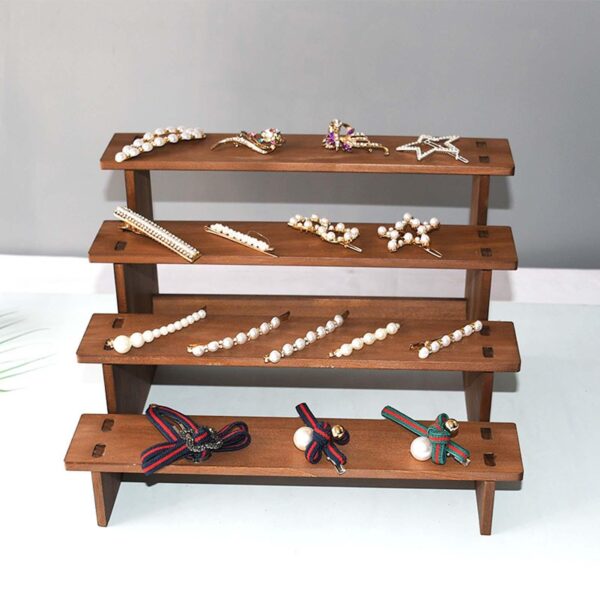 3-Tier Stepped Wooden Display Shelf Rack – Natural Wood Grain Handcrafted Desktop Organizer for Perfume, Succulents, Cosmetics, Collectibles, Jewelry & Retail Showcase Display (4 Step Rizer)
