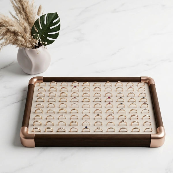 Premium Wooden Velvet Jewelry Organizer Tray with Metal Frame, Beige | Ring, Earrings, Necklace, Bracelet & Watch Storage Display Tray (100 Ring)