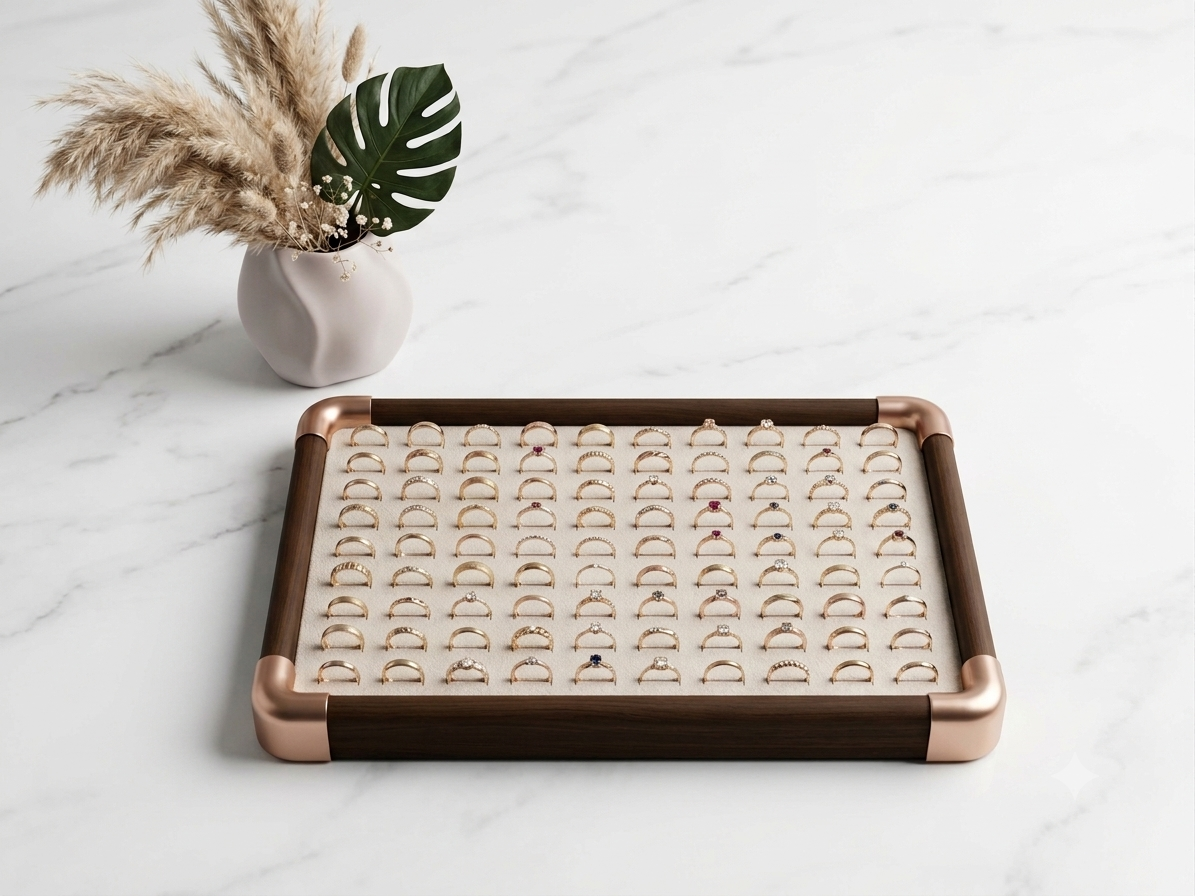 Gemini_Generated_Image_2gh1li2gh1li2gh1 Premium Wooden Velvet Jewelry Organizer Tray with Metal Frame, Beige | Ring, Earrings, Necklace, Bracelet & Watch Storage Display Tray (100 Ring) - Image 1