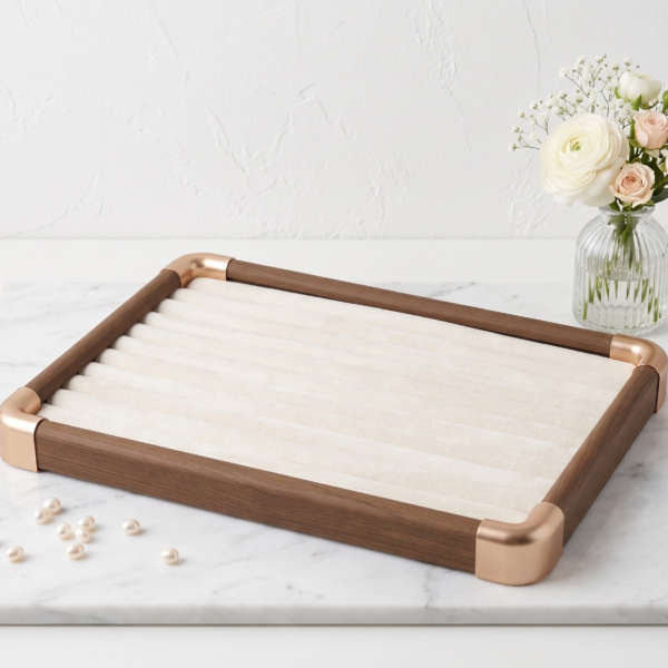 Premium Wooden Velvet Jewelry Organizer Tray with Metal Frame, Beige | Ring, Earrings, Necklace, Bracelet & Watch Kada Storage Display Tray
