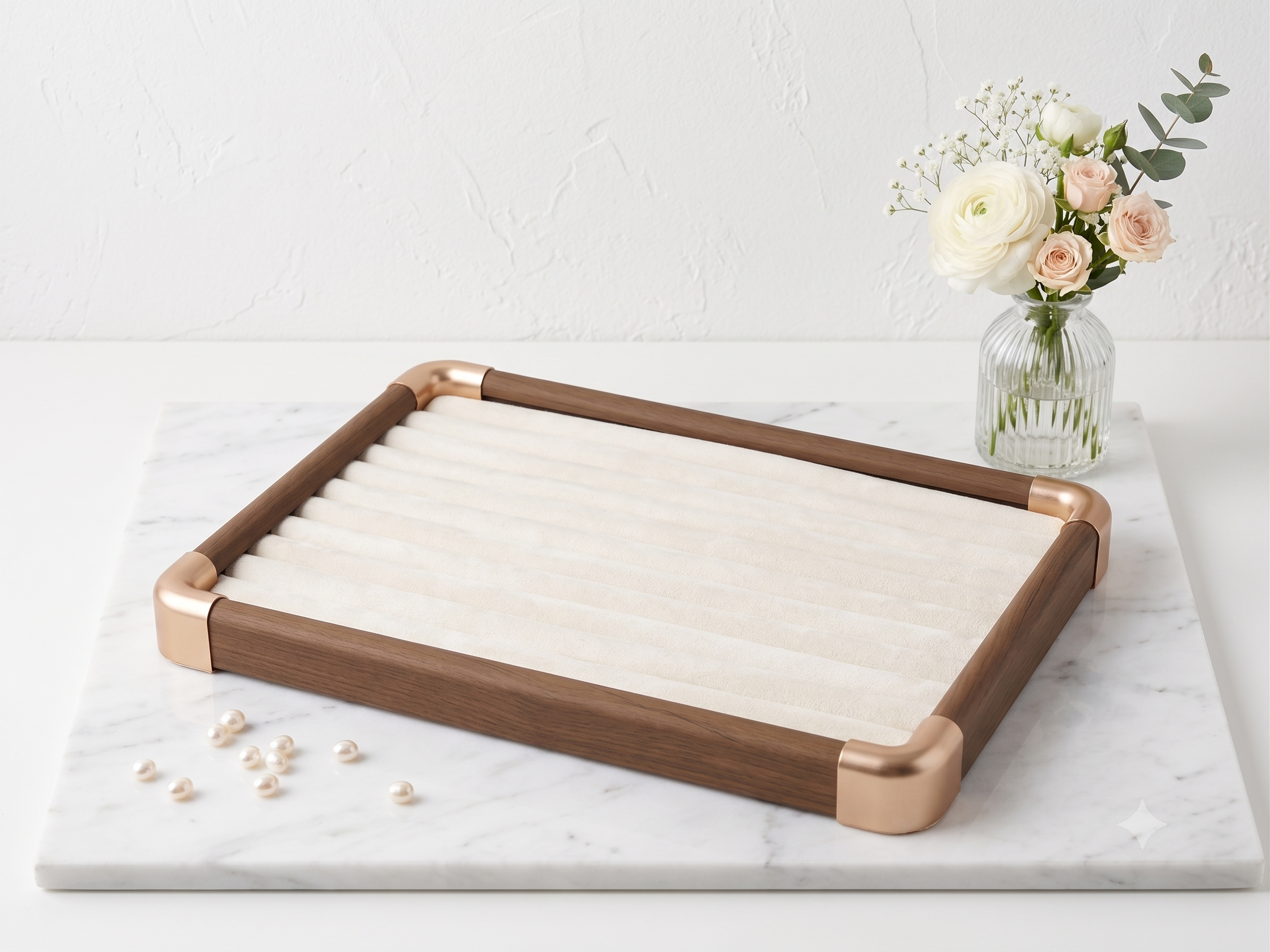 Gemini_Generated_Image_56ohc756ohc756oh Premium Wooden Velvet Jewelry Organizer Tray with Metal Frame, Beige | Ring, Earrings, Necklace, Bracelet & Watch Kada Storage Display Tray - Image 1