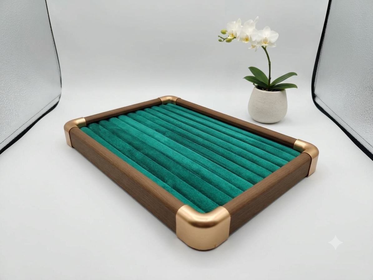 Gemini_Generated_Image_8lpcjz8lpcjz8lpc Premium Wooden Velvet Jewelry Organizer Tray with Metal Frame, Beige | Ring, Earrings, Necklace, Bracelet & Watch Storage Display Tray (KADA) - Image 1