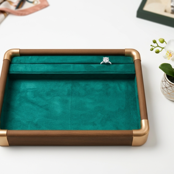 Premium Wooden Velvet Jewelry Organizer Tray with Metal Frame, Beige | Ring, Earrings, Necklace, Bracelet & Watch Storage Display Tray (3 In 1)