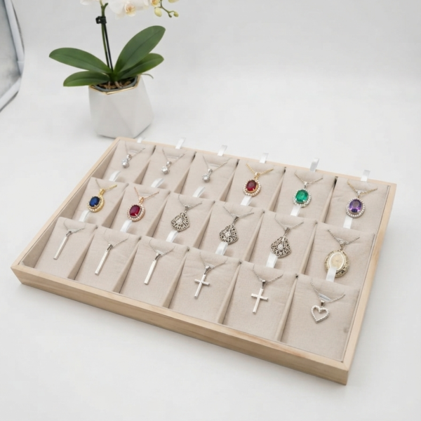 Velvet Jewelry Display Tray for Chains & Pendants | Premium Beige Jewelry Organizer Tray | 18 P-Set Showcase for Home, Shop & Exhibition