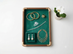 Premium Wooden Velvet Jewelry Organizer Tray with Metal Frame, Beige | Ring, Earrings, Necklace, Bracelet & Watch Storage Display Tray (Serving)