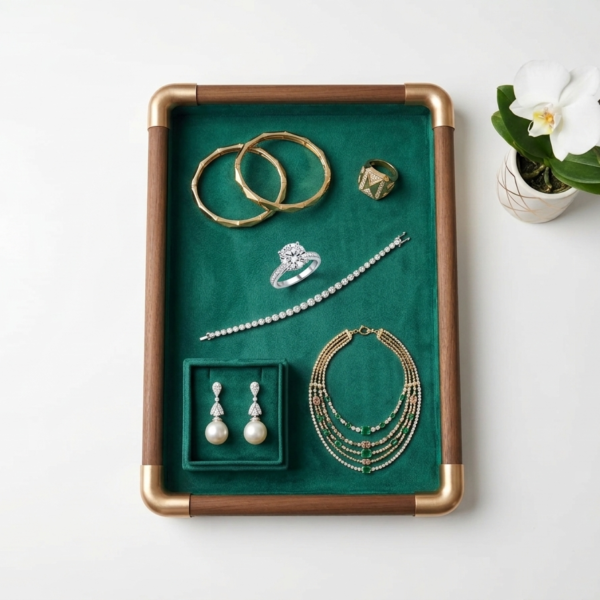 Premium Wooden Velvet Jewelry Organizer Tray with Metal Frame, Beige | Ring, Earrings, Necklace, Bracelet & Watch Storage Display Tray (Serving)