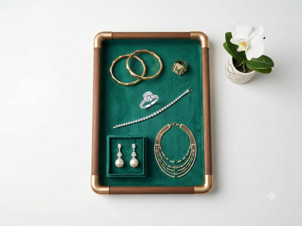 Gemini_Generated_Image_hrb2nthrb2nthrb2 Premium Wooden Velvet Jewelry Organizer Tray with Metal Frame, Beige | Ring, Earrings, Necklace, Bracelet & Watch Storage Display Tray (Serving) - Image 1