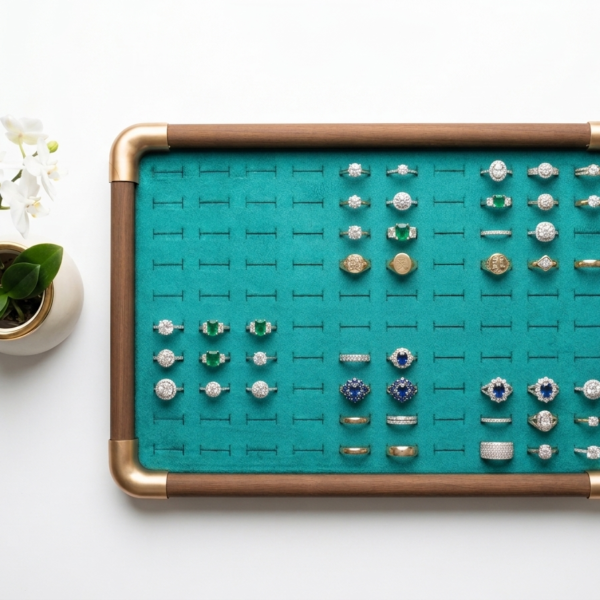 Premium Wooden Velvet Jewelry Organizer Tray with Metal Frame, Beige | Ring, Earrings, Necklace, Bracelet & Watch Storage Display Tray (100 Ring)