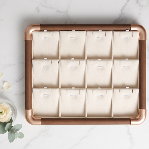Premium Wooden Velvet Jewelry Organizer Tray with Metal Frame, Beige | Ring, Earrings, Necklace, Bracelet & Watch Storage Display Tray