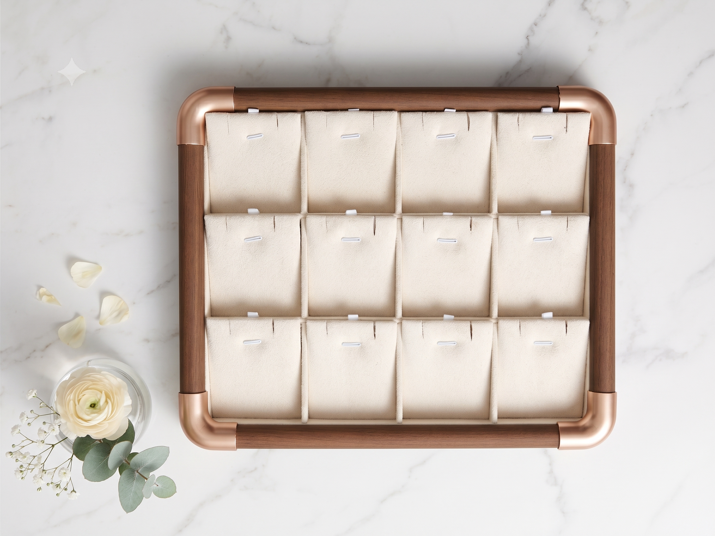 Gemini_Generated_Image_kvpgj1kvpgj1kvpg Premium Wooden Velvet Jewelry Organizer Tray with Metal Frame, Beige | Ring, Earrings, Necklace, Bracelet & Watch Storage Display Tray - Image 1