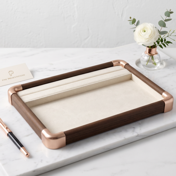 Premium Wooden Velvet Jewelry Organizer Tray with Metal Frame, Beige | Ring, Earrings, Necklace, Bracelet & Watch Storage Display Tray (3 in 1)