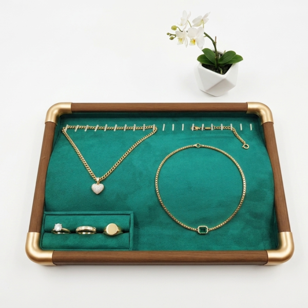 Premium Wooden Velvet Jewelry Organizer Tray with Metal Frame, Beige | Ring, Earrings, Necklace, Bracelet & Watch Storage Display Tray (Chain)