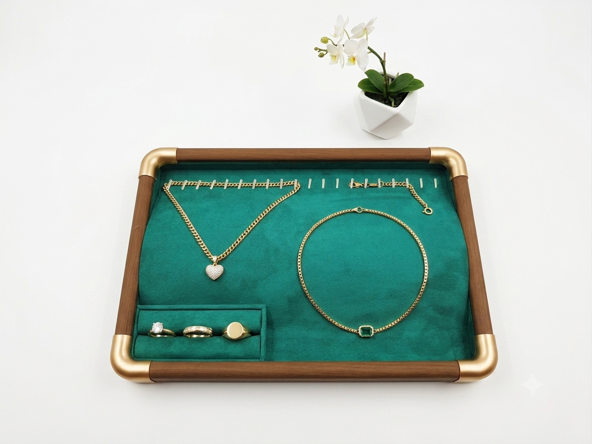 Gemini_Generated_Image_sut176sut176sut1 Premium Wooden Velvet Jewelry Organizer Tray with Metal Frame, Beige | Ring, Earrings, Necklace, Bracelet & Watch Storage Display Tray (Chain) - Image 1