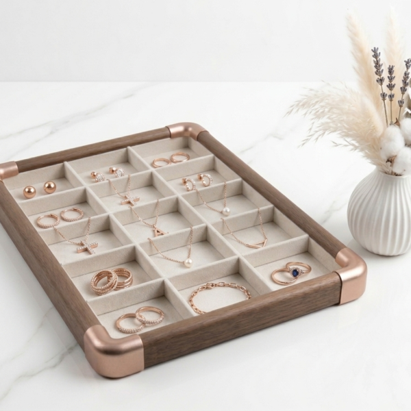Premium Wooden Velvet Jewelry Organizer Tray with Metal Frame, Beige | Ring, Earrings, Necklace, Bracelet & Watch Storage Display Tray (15 Slot)