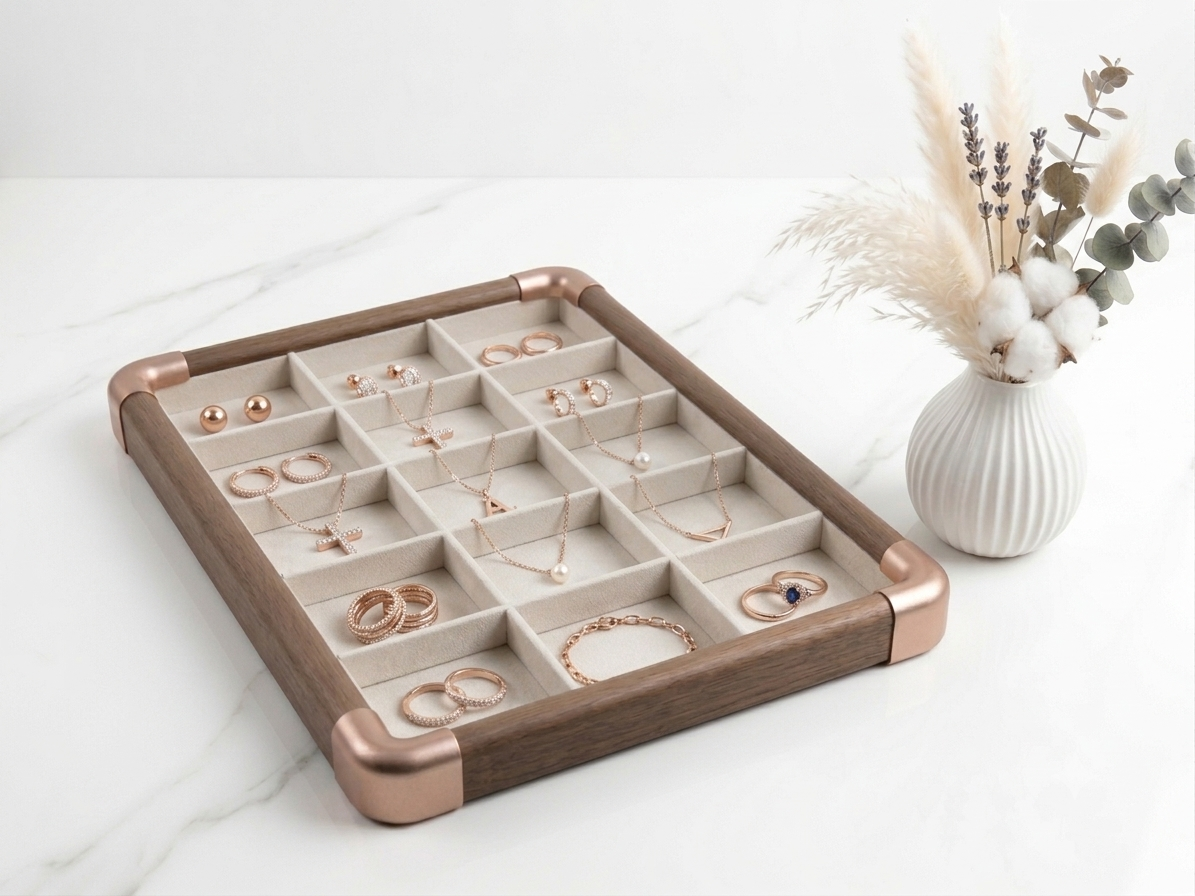 Gemini_Generated_Image_uuhvu1uuhvu1uuhv Premium Wooden Velvet Jewelry Organizer Tray with Metal Frame, Beige | Ring, Earrings, Necklace, Bracelet & Watch Storage Display Tray (15 Slot) - Image 1