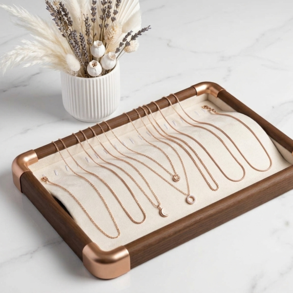 Premium Wooden Velvet Jewelry Organizer Tray with Metal Frame, Beige | Ring, Earrings, Necklace, Bracelet & Watch Storage Display Tray (Chain)