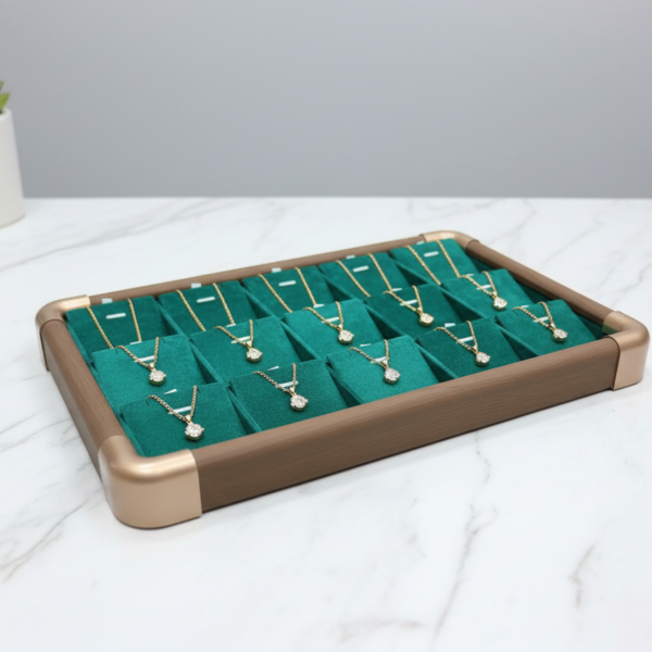 Premium Wooden Velvet Jewelry Organizer Tray with Metal Frame, Beige | Ring, Earrings, Necklace, Bracelet & Watch Storage Display Tray (Chain -Pendent Set P-Set)