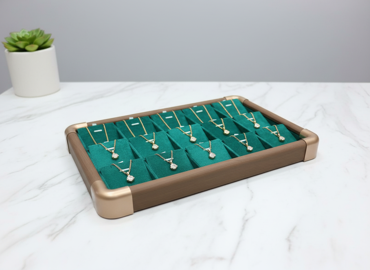 Use AI Image Jul 16, 2026, 17_46_46 Premium Wooden Velvet Jewelry Organizer Tray with Metal Frame, Beige | Ring, Earrings, Necklace, Bracelet & Watch Storage Display Tray (Chain -Pendent Set P-Set) - Image 1