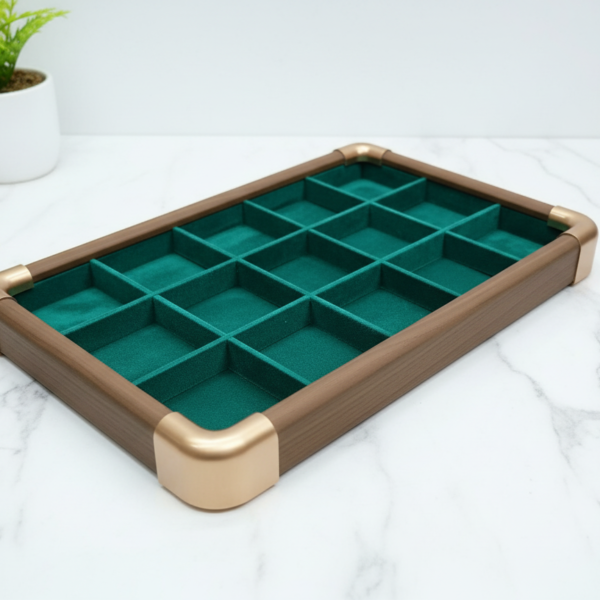 Premium Wooden Velvet Jewelry Organizer Tray with Metal Frame, Beige | Ring, Earrings, Necklace, Bracelet & Watch Storage Display Tray (15 Slot)